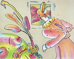 SAGE AT WINDOW Signed Lithograph, Robed Man, Cattails, Beige Room, Pop Art