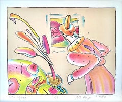 SAGE AT WINDOW Signed Lithograph, Robed Man, Cattails, Beige Room, Pop Art