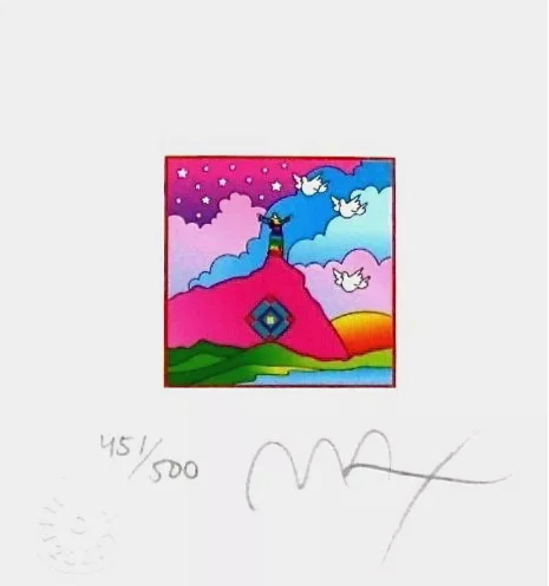 Artist: Peter Max (1937)
Title: Sage on Mountain
Year: 2002
Edition: 451/500, plus proofs
Medium: Lithograph on Lustro Saxony paper
Size: 4.87 x 4.5 inches
Condition: Excellent
Inscription: Signed and numbered by the artist.
Notes: Published by Via