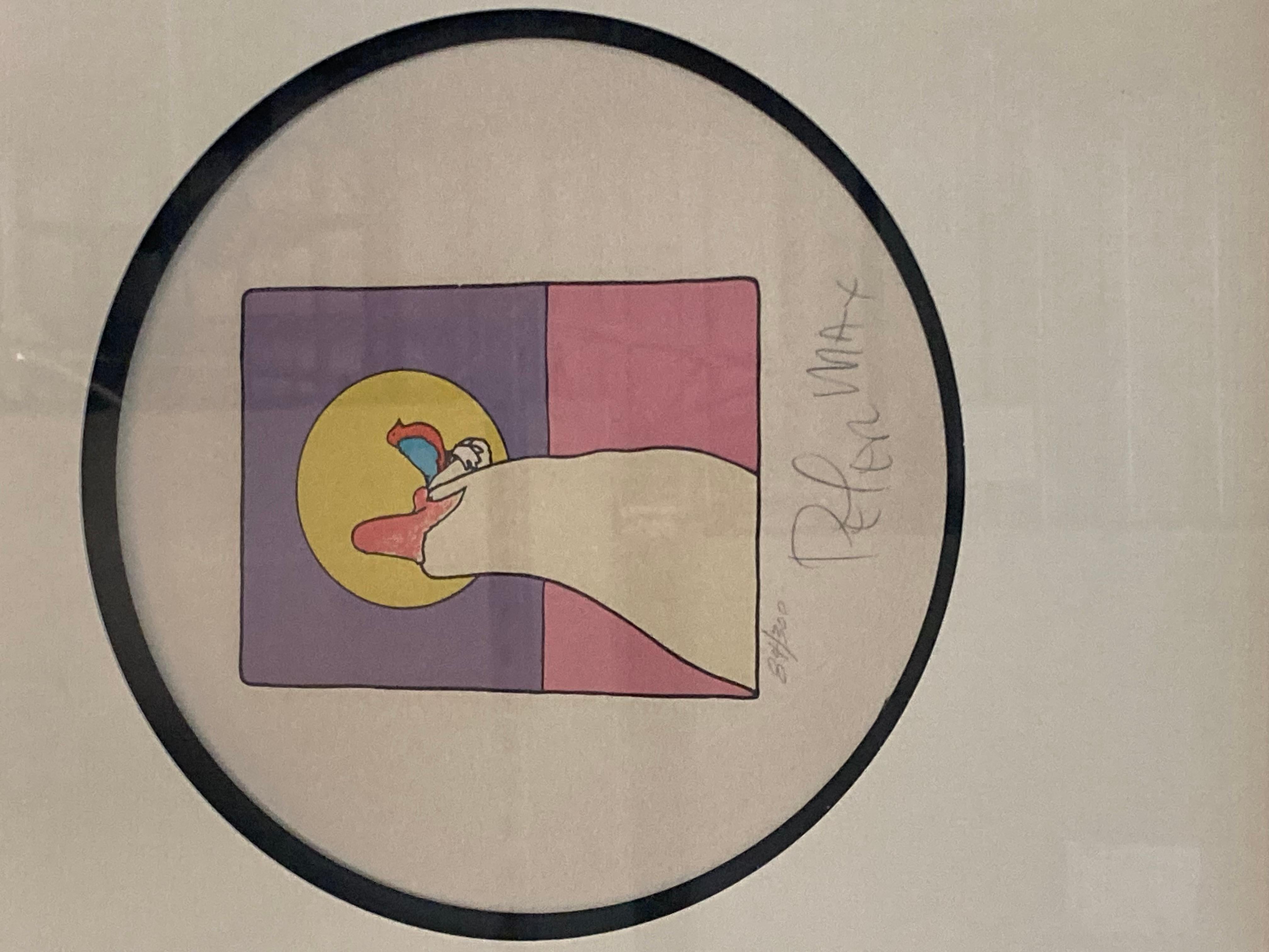 This is an Peter Max 1971 lithograph “Sage with Bird” signed and numbered. In good condition measures 17x17