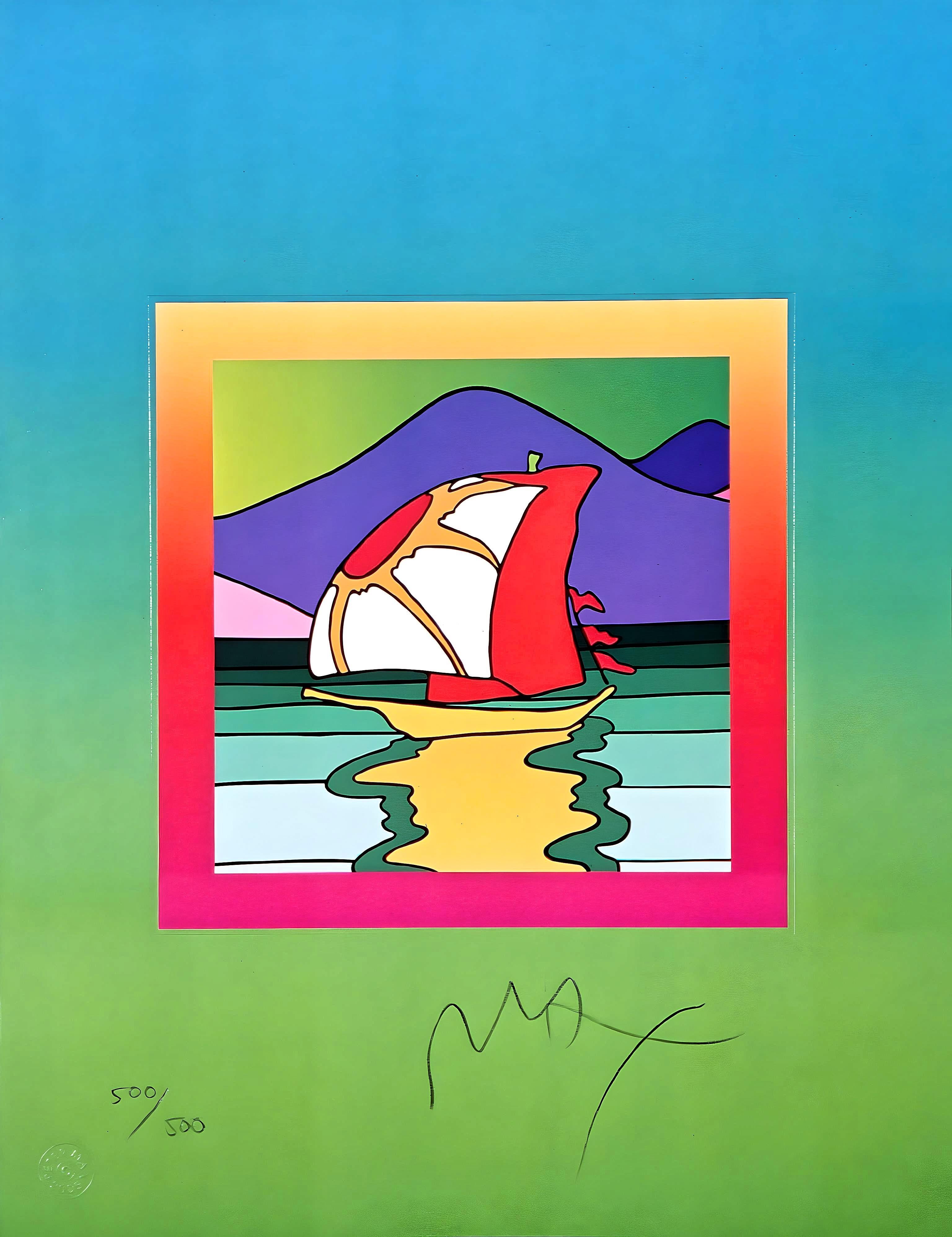 Artist: Peter Max (1937)
Title: Sailboat East on Blends
Year: 2005
Edition: 500/500, plus proofs
Medium: Lithograph on Lustro Saxony paper
Size: 17 x 13 inches
Condition: Excellent
Inscription: Signed and numbered by the artist
Notes: Published by