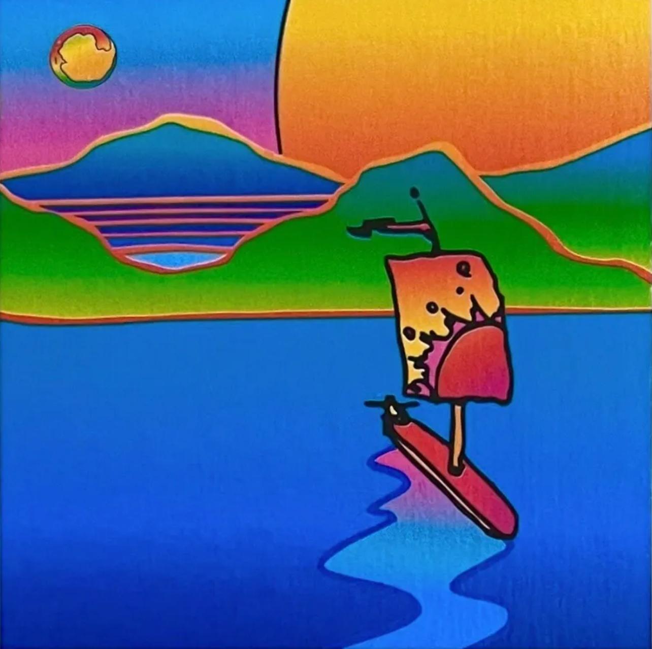 Artist: Peter Max (1937)
Title: Sailboat with Sun & Moon
Year: 2003
Edition: 455/500, plus proofs
Medium: Lithograph on Lustro Saxony paper
Size: 3.43 x 2.62 inches
Condition: Excellent
Inscription: Signed and numbered by the artist.
Notes: