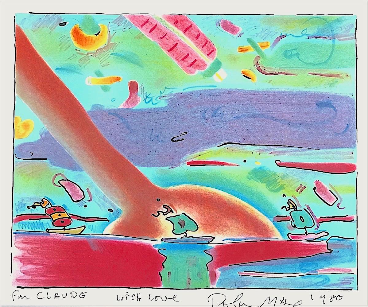 SAILBOATS Signed Lithograph, Abstract Seascape, Asian Boats Aqua Red Brown Green - Print by Peter Max