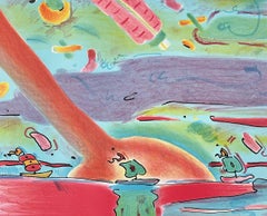 SAILBOATS Signed Lithograph, Abstract Seascape, Asian Boats Aqua Red Brown Green