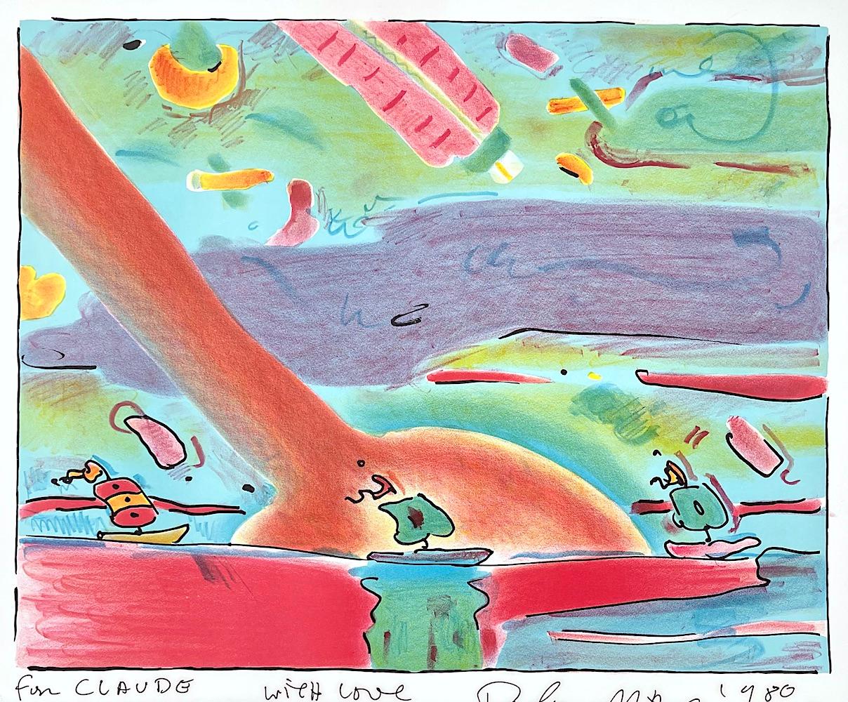 Landscape Print de Peter Max - SAILBOATS Litografía firmada, Paisaje marino abstracto, Barcos asiáticos Aqua Rojo Marrón Verde