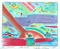 SAILBOATS Lithographie signée, paysage marin abstrait, bateaux asiatiques Aqua Red Brown Green