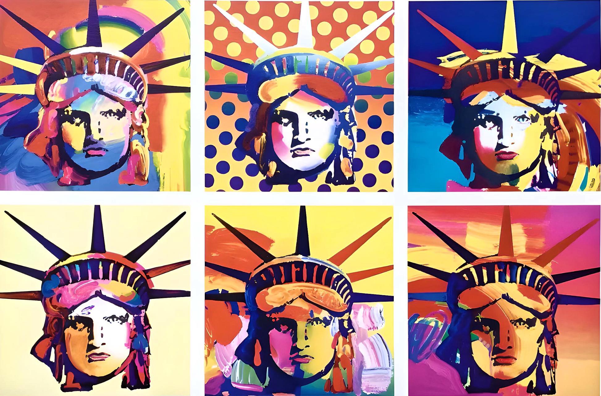 Artist: Peter Max (1937)
Title: Six Liberties
Year: 2003
Edition: 424/500, plus proofs
Medium: Lithograph on Arches paper
Size: 13.5 x 15.5inches
Condition: Excellent
Inscription: Signed and numbered by the artist.
Notes: Published by Via