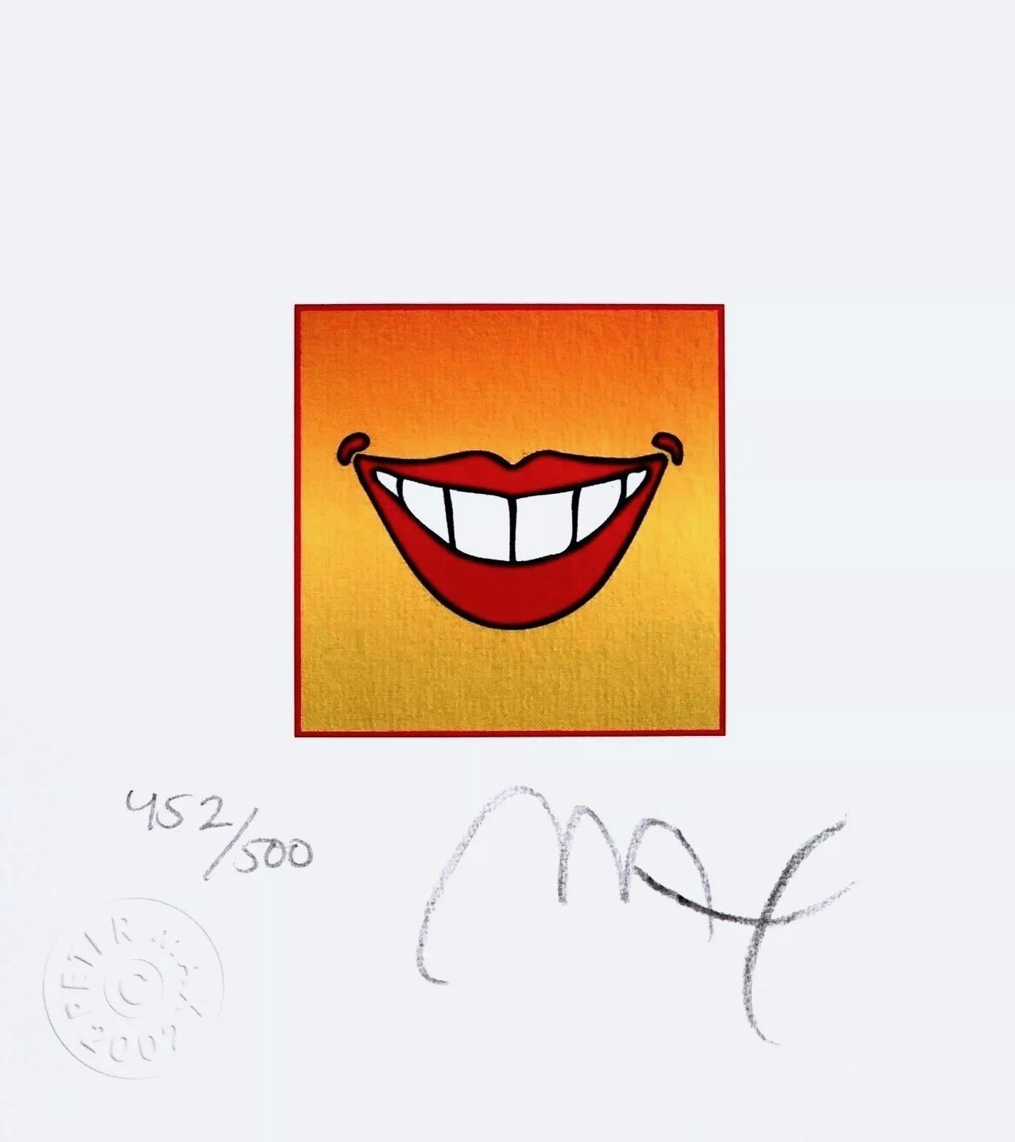 Künstler: Peter Max (1937)
Titel: Lächeln
Jahr: 2002
Auflage: 452/500, plus Probedrucke
Medium: Lithographie auf Lustro Saxony Papier
Größe: 4,87 x 4,5 Zoll
Zustand: Ausgezeichnet
Beschriftung: Signiert und nummeriert vom Künstler.
Anmerkungen: