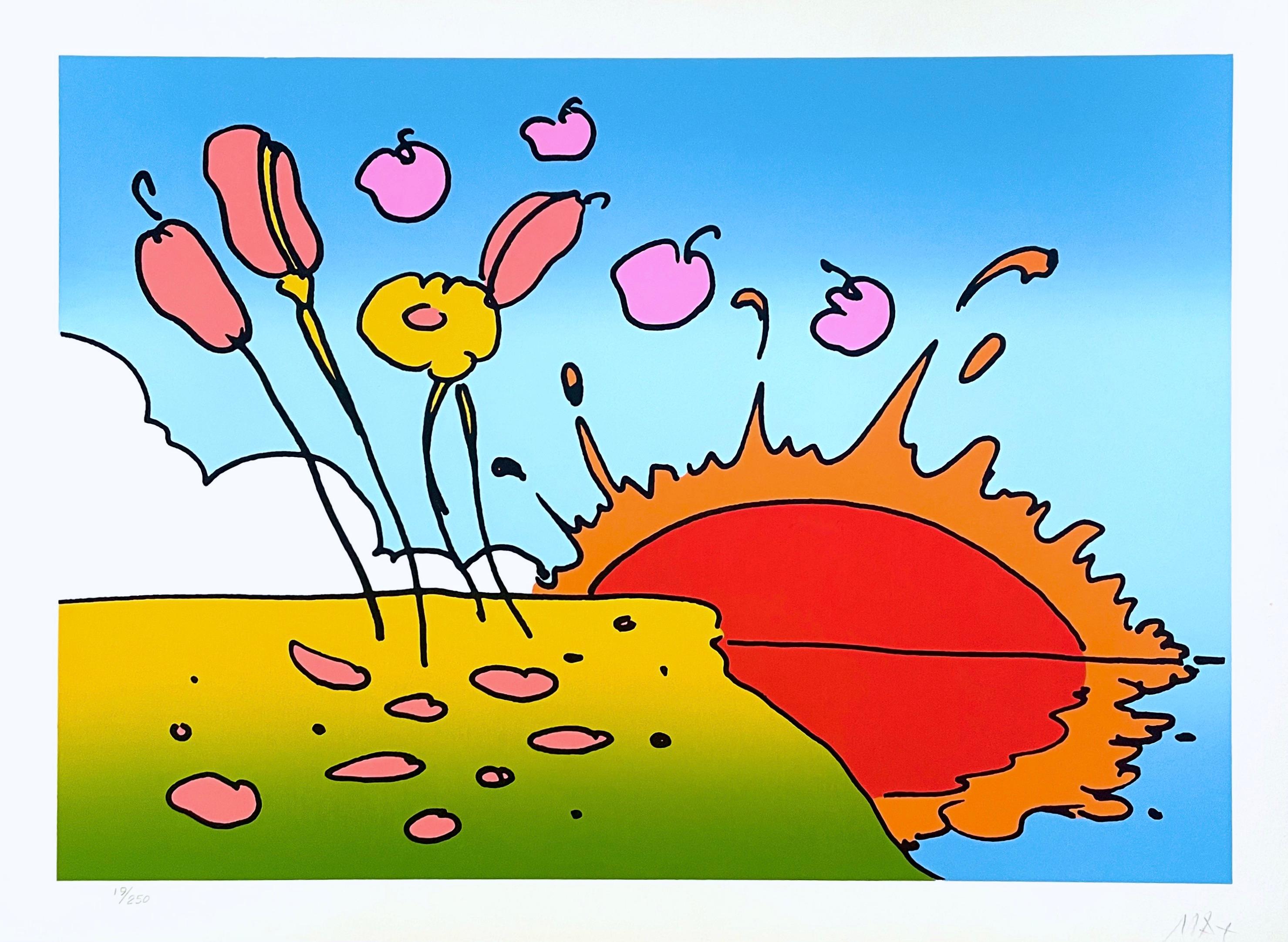 Artist: Peter Max (1937)
Title: Space Landscape
Year: 1978
Edition: 300, plus proofs
Medium: Silkscreen on Fabriano Rosapina
Size: 18.75 x 26.75 inches
Condition: Excellent
Inscription: Signed and numbered by the artist.
Notes: Published by Via