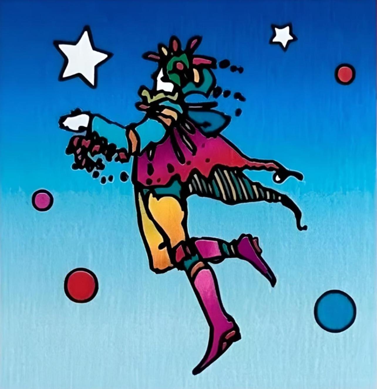 Artist: Peter Max (1937)
Title: Star Catcher on Blue
Year: 2002
Edition: 487/500, plus proofs
Medium: Lithograph on Lustro Saxony paper
Size: 4.87 x 4.5 inches
Condition: Excellent
Inscription: Signed and numbered by the artist.
Notes: Published by