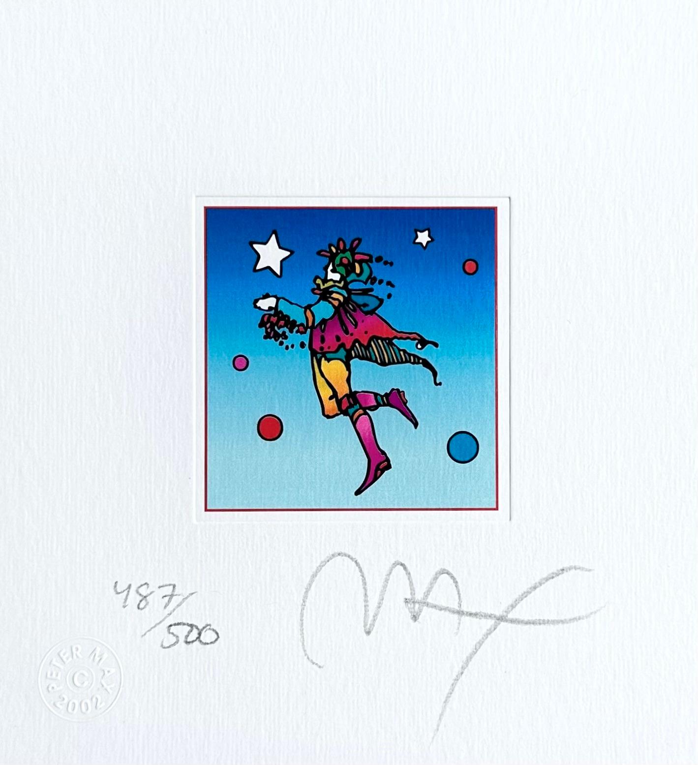 Artist: Peter Max (1937)
Title: Star Catcher on Blue
Year: 2002
Edition: 487/500, plus proofs
Medium: Lithograph on Lustro Saxony paper
Size: 4.87 x 4.5 inches
Condition: Excellent
Inscription: Signed and numbered by the artist.
Notes: Published by