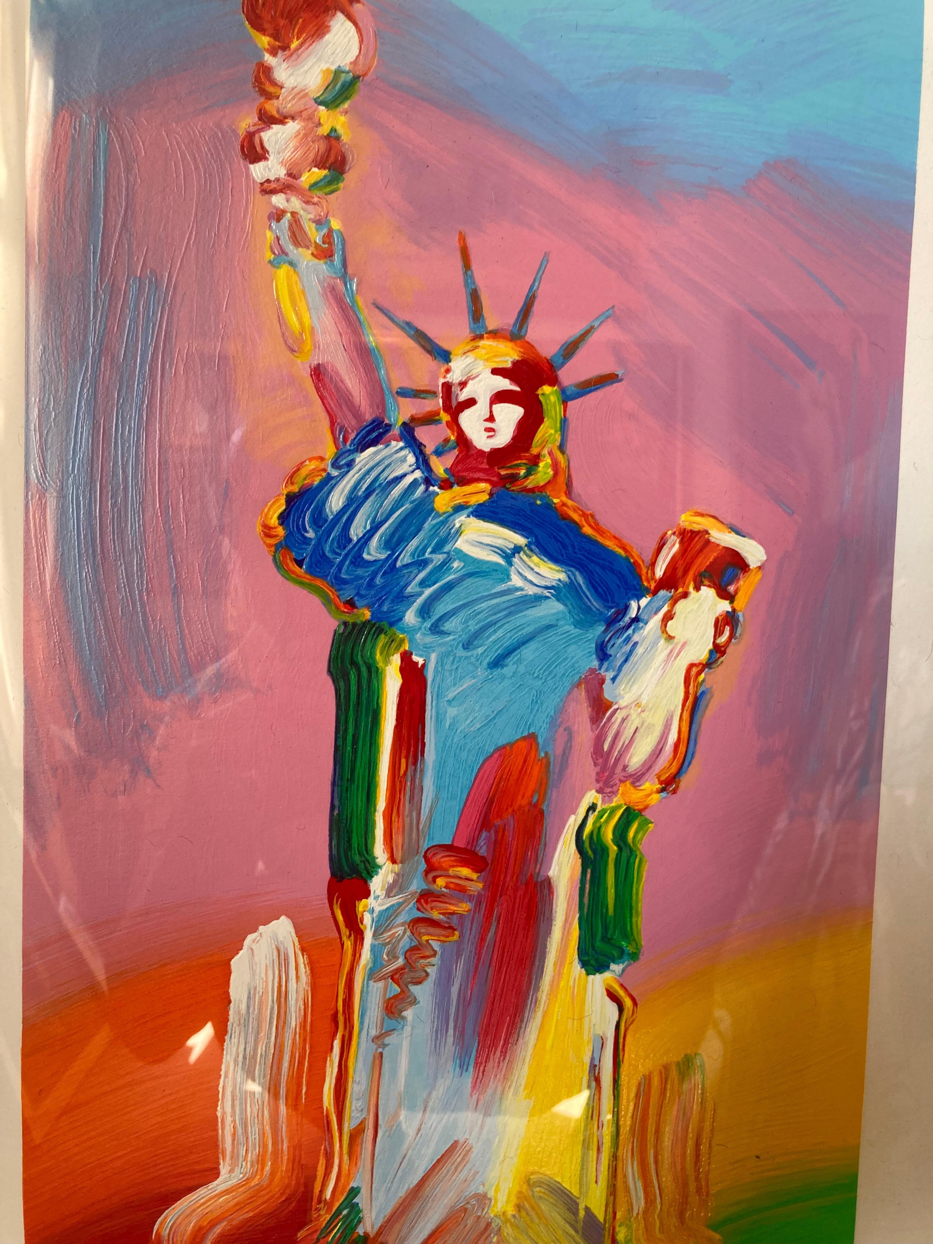 Ein großes, helles, kraftvolles Bild der Freiheitsstatue des berühmten amerikanischen Künstlers Peter Max. Ich habe ein Foto des gleichen Drucks beigefügt, der auf Artsy für deutlich mehr Geld angeboten wird. Weitere Informationen über diese