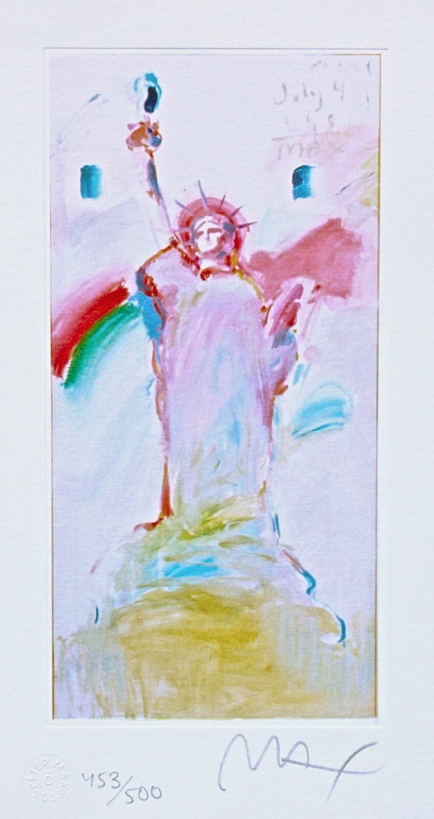 Artist: Peter Max (1937)
Title: Statue of Liberty VII
Year: 2003
Edition: 453/500, plus proofs
Medium: Lithograph on Lustro Saxony paper
Size: 10 x 5.5 inches
Condition: Excellent
Inscription: Signed and numbered by the artist.
Notes: Published by