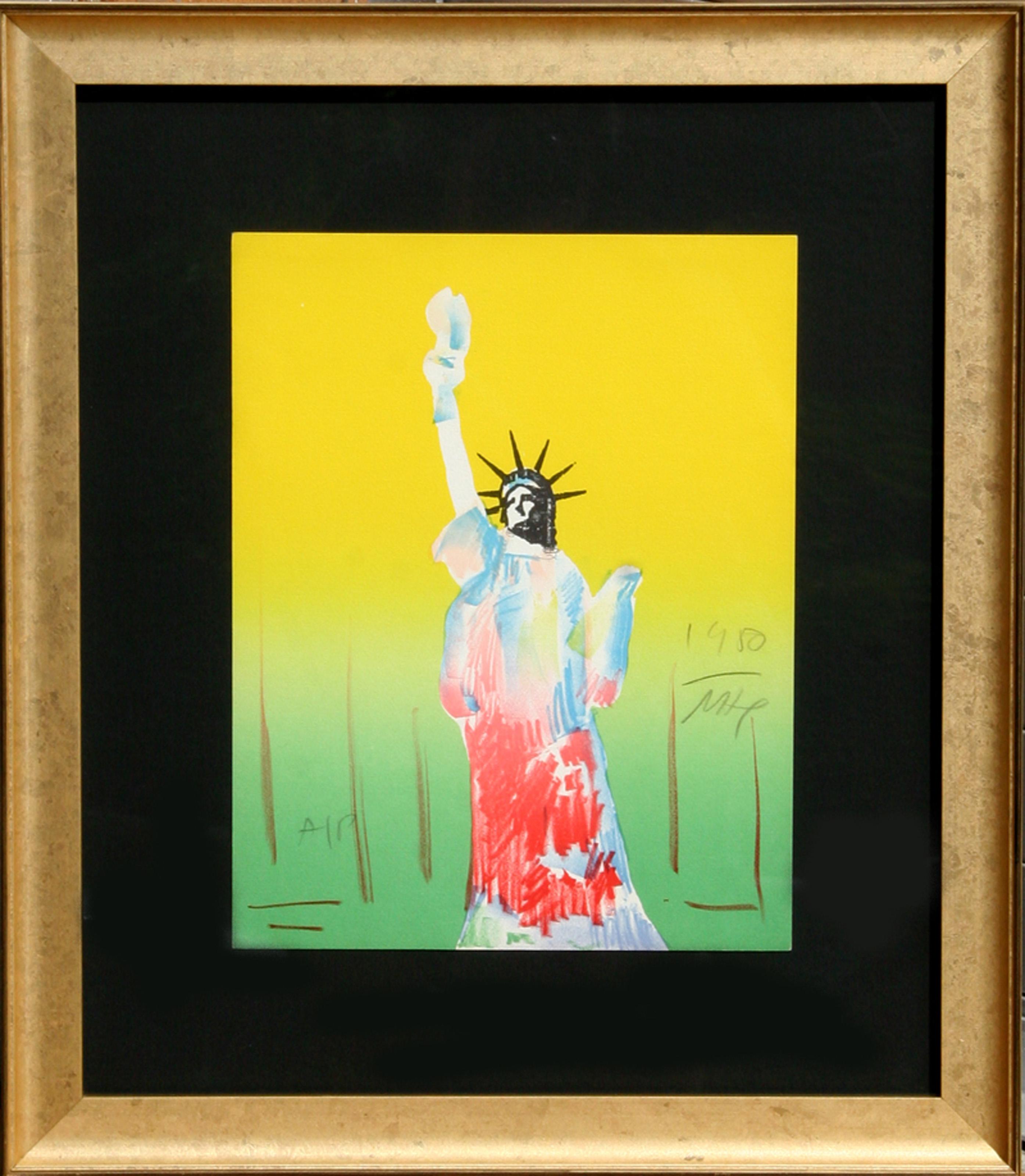 Peter Max, German/American (1937 - ) - Statue of Liberty (Yellow/Green), Year:  1980, Medium:  Lithograph, signed and dated in pencil, Edition:  A/P, Size:  13 in. x 10.5 in. (33.02 cm x 26.67 cm), Frame Size:  18 x 15 inches