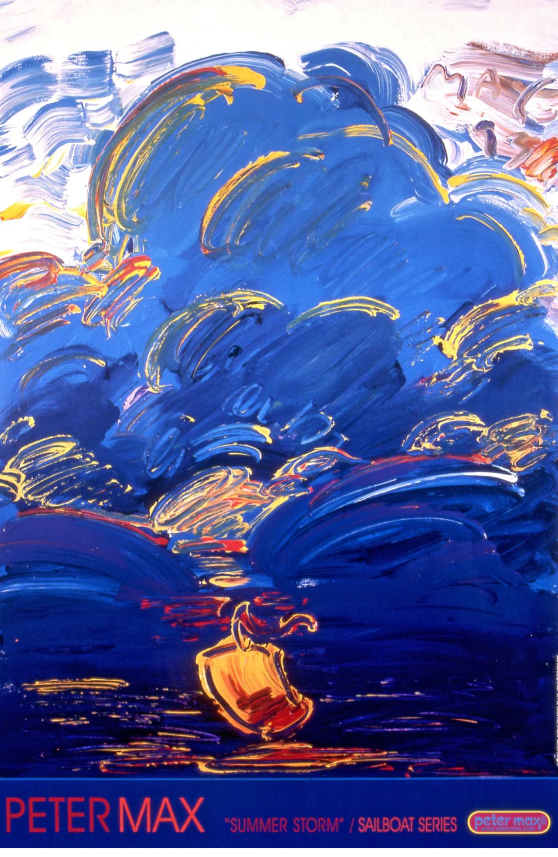 Artist: Peter Max (1937)
Title: Summer Storm
Year: 2000
Medium: Offset lithograph on premium paper
Size: 24 x 36 inches
Condition: Excellent
Inscription: Signed by the artist.
Notes: Published by Via Max. Sold signed by the artist and dedicated to