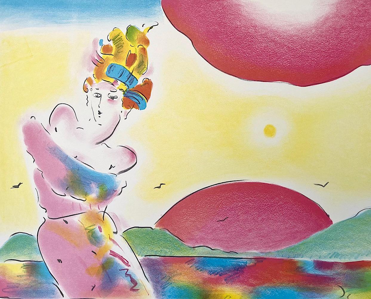 SUNRISE II Litografia firmata Paesaggio Pop Art, Eleganza Donna Fuori Spalla - Portrait Print Beige di Peter Max