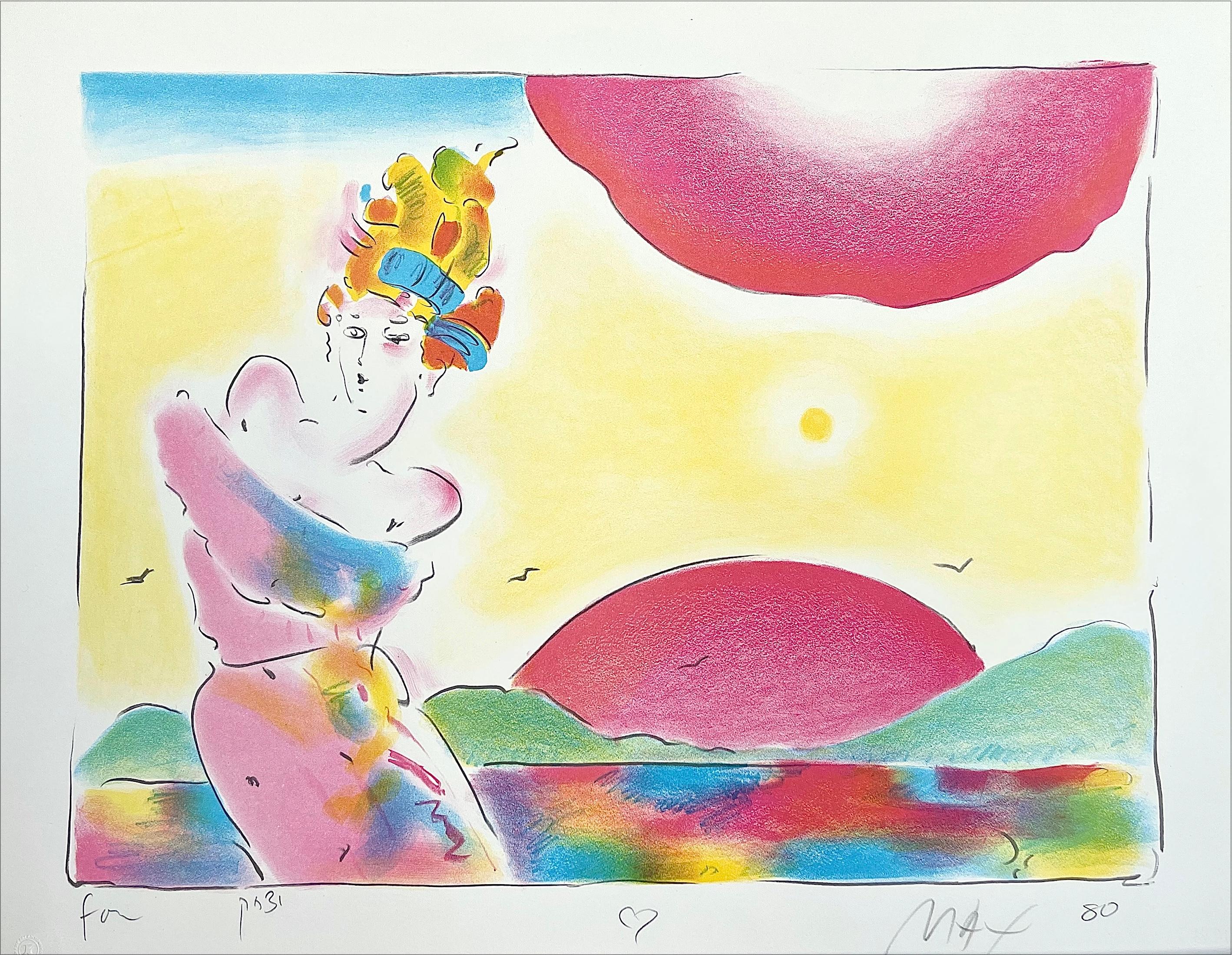SUNRISE II Signierte Lithographie Pop Art Landschaft, elegante Frau mit schulterfreiem Kleid