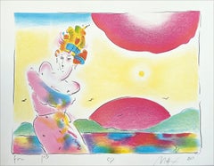 SUNRISE II Signierte Lithographie Pop Art Landschaft, elegante Frau mit schulterfreiem Kleid