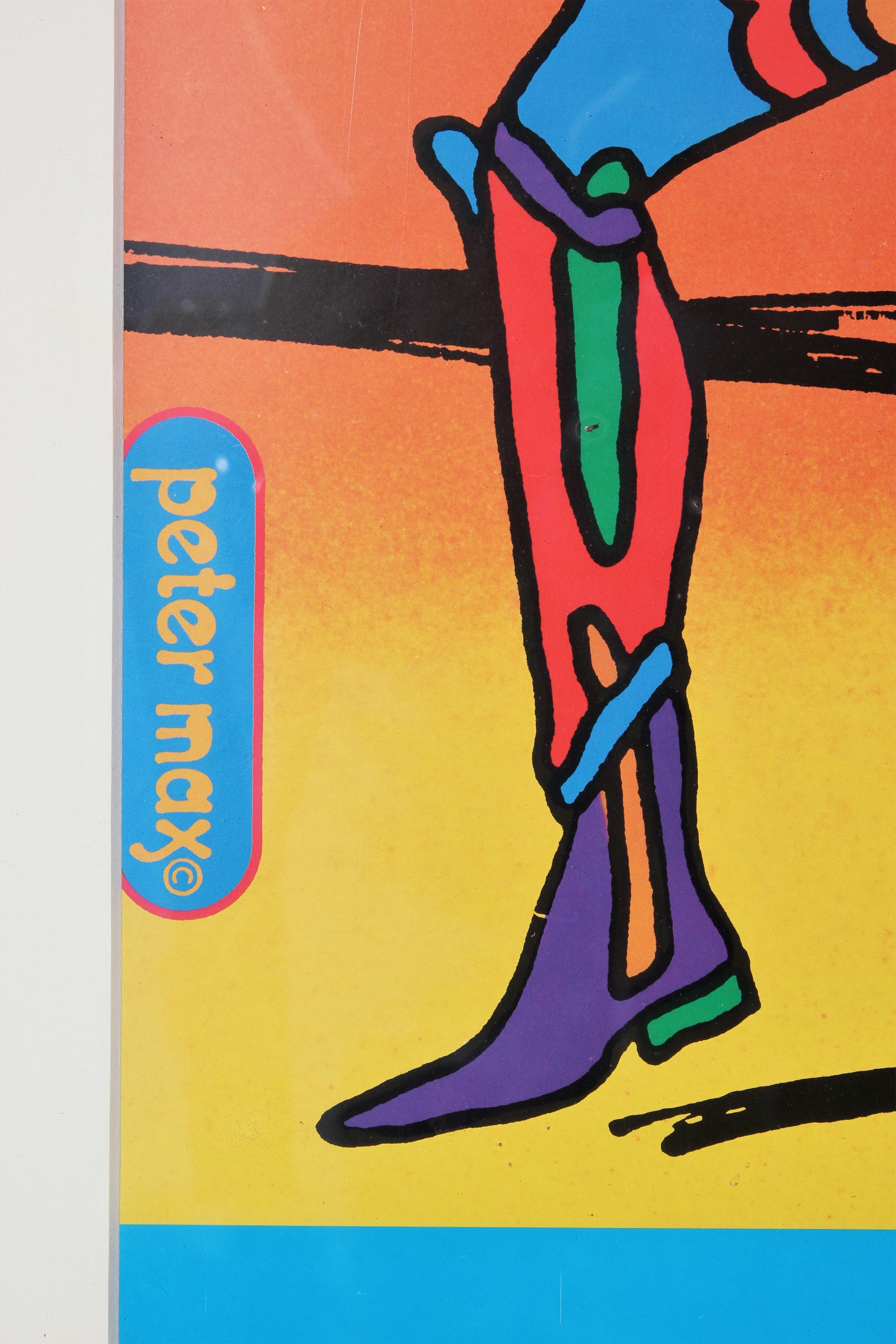 Auf diesem Originalplakat porträtiert der visionäre Künstler Peter Max die Läufer des New York City Marathons in technicolor Farben. Dieses Werk ist signiert und in einem dünnen schwarzen Rahmen gerahmt, was es zu einem einzigartigen und wertvollen