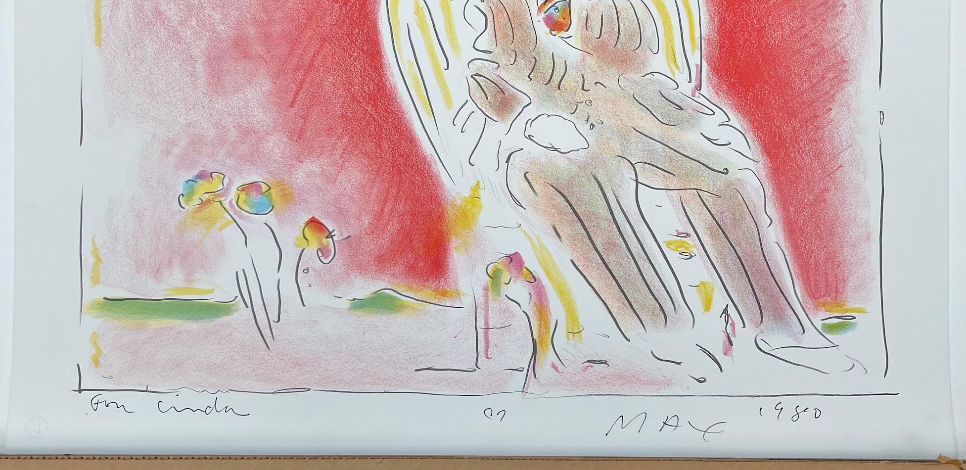 THE GARDEN Signed Lithograph, Pop Art Landscape, Seated Man, Crayon Colors - Beige Portrait Print by Peter Max
