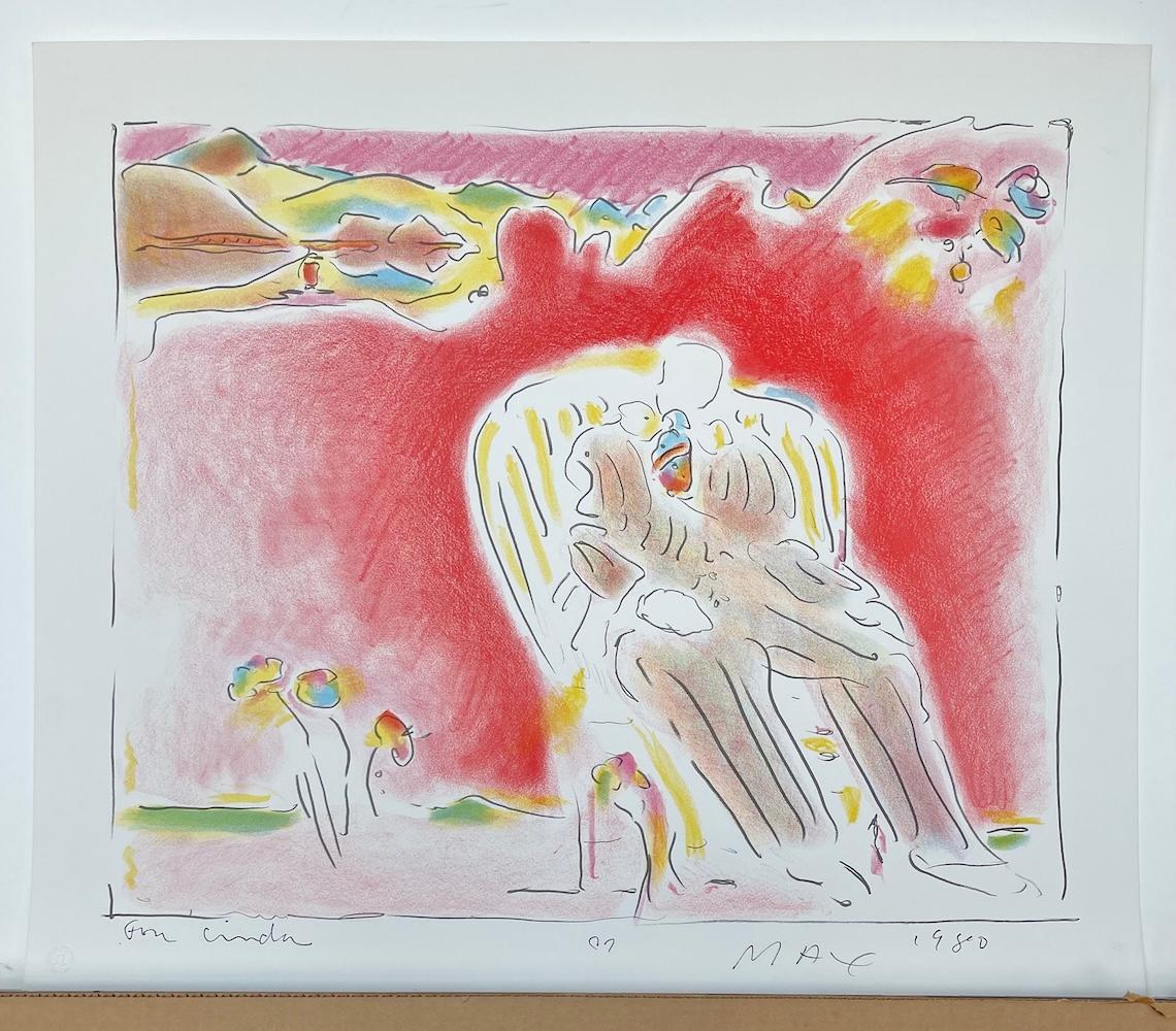 THE GARDEN Signed Lithograph, Pop Art Landscape, Seated Man, Crayon Colors For Sale 1