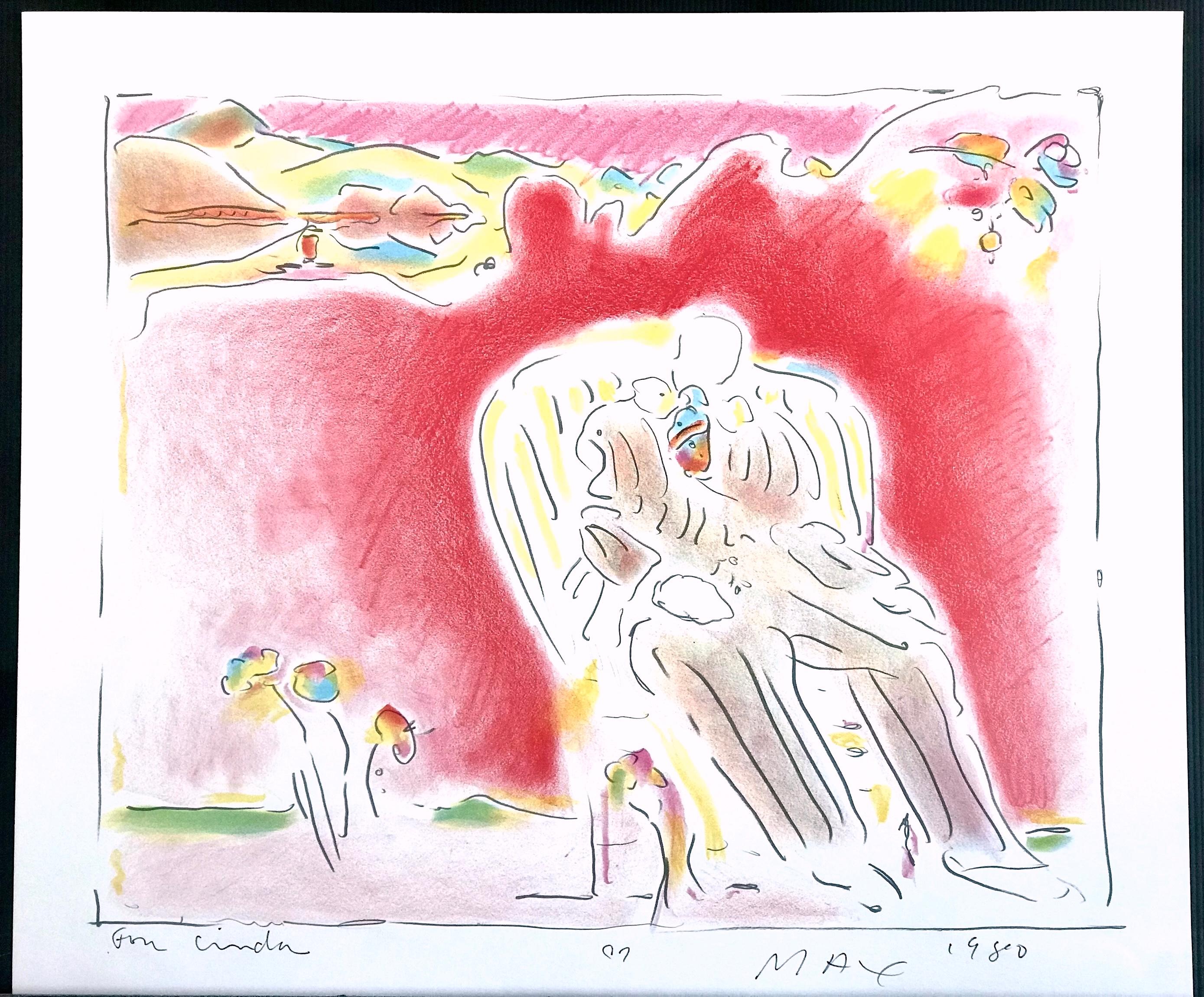 THE GARDEN Signed Lithograph, Pop Art Landscape, Seated Man, Crayon Colors For Sale 1