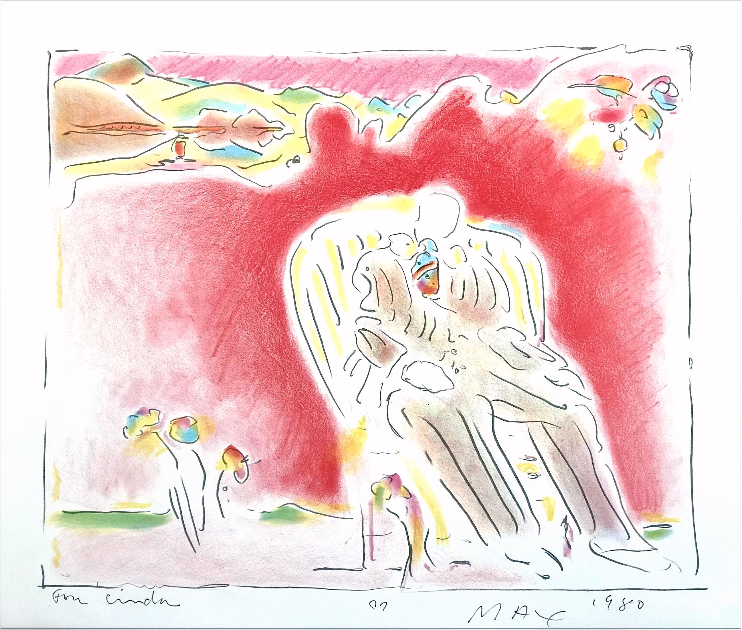 THE GARDEN Signed Lithograph, Pop Art Landscape, Seated Man, Crayon Colors