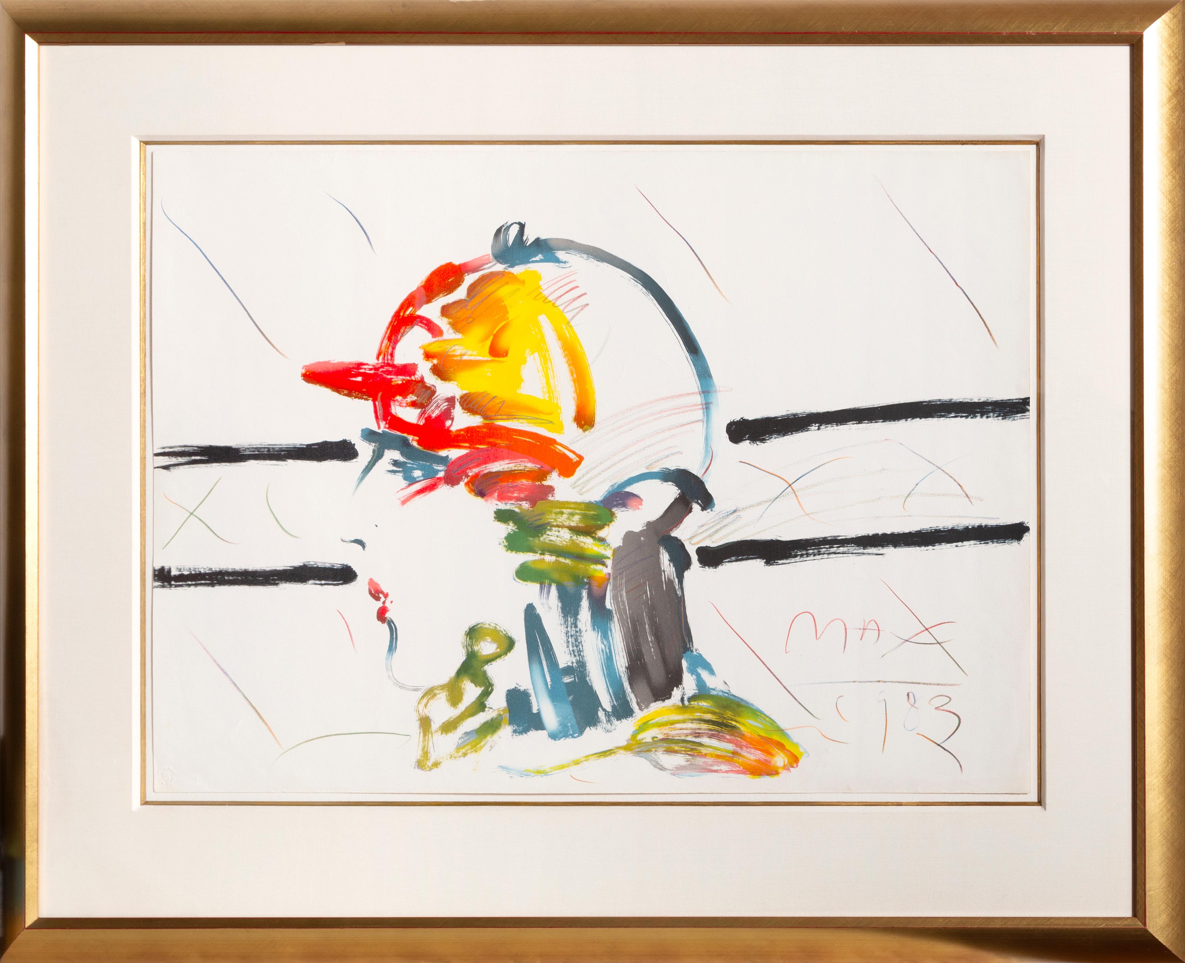Lithographie unique colorée à la main par Peter Max, signée et datée 1983 en bas à droite.  Encadré dans une fine moulure dorée avec passe-partout en lin et biseau doré. 

Artiste : Peter Max, allemand/américain (1937 - )
Titre : The Jockey
