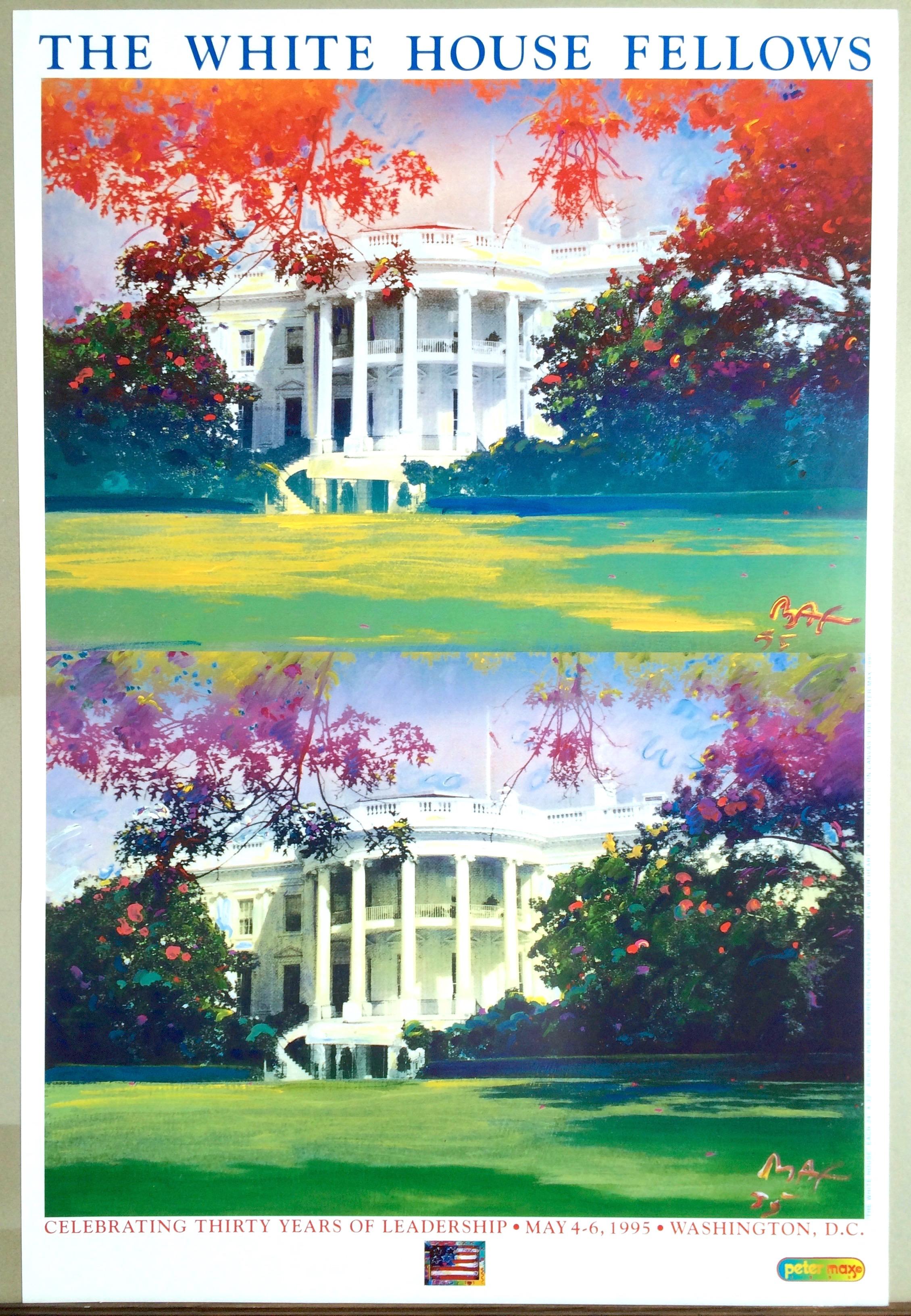 THE WHITE HOUSE FELLOWS is a vintage, rare fine art poster by the renowned American Pop artist, Peter Max. THE WHITE HOUSE FELLOWS was created in 1995 in celebration of 30 Years of The White House Fellows, printed using color offset lithography