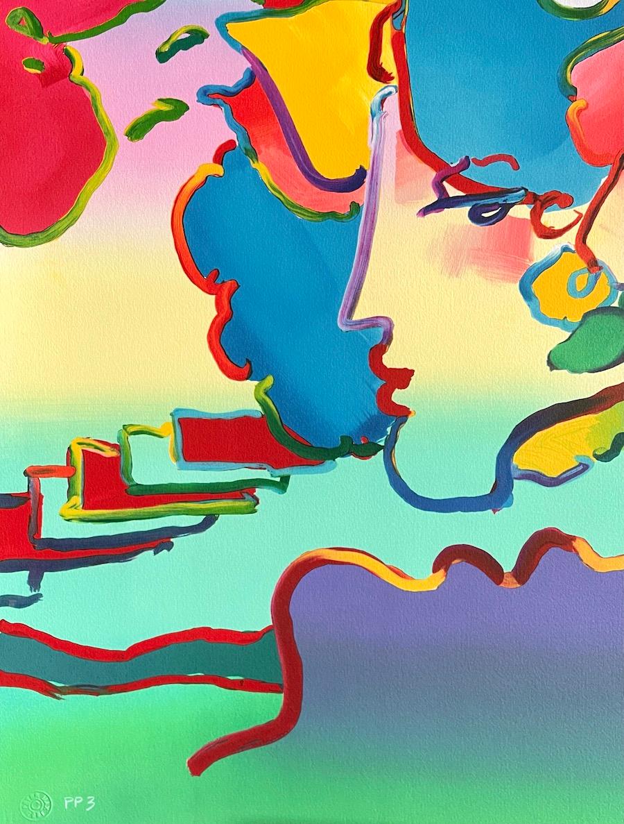 THREE FACES Signed Lithograph, Abstract Portrait Heads, Rainbow Color Pop Art - Print by Peter Max