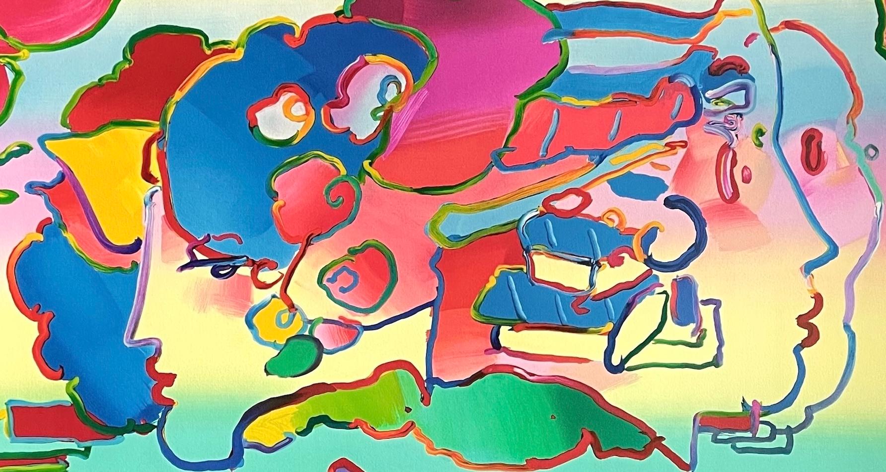 THREE FACES Signierte Lithographie, Abstrakte Porträtköpfe, Regenbogenfarbene Pop Art im Angebot 1