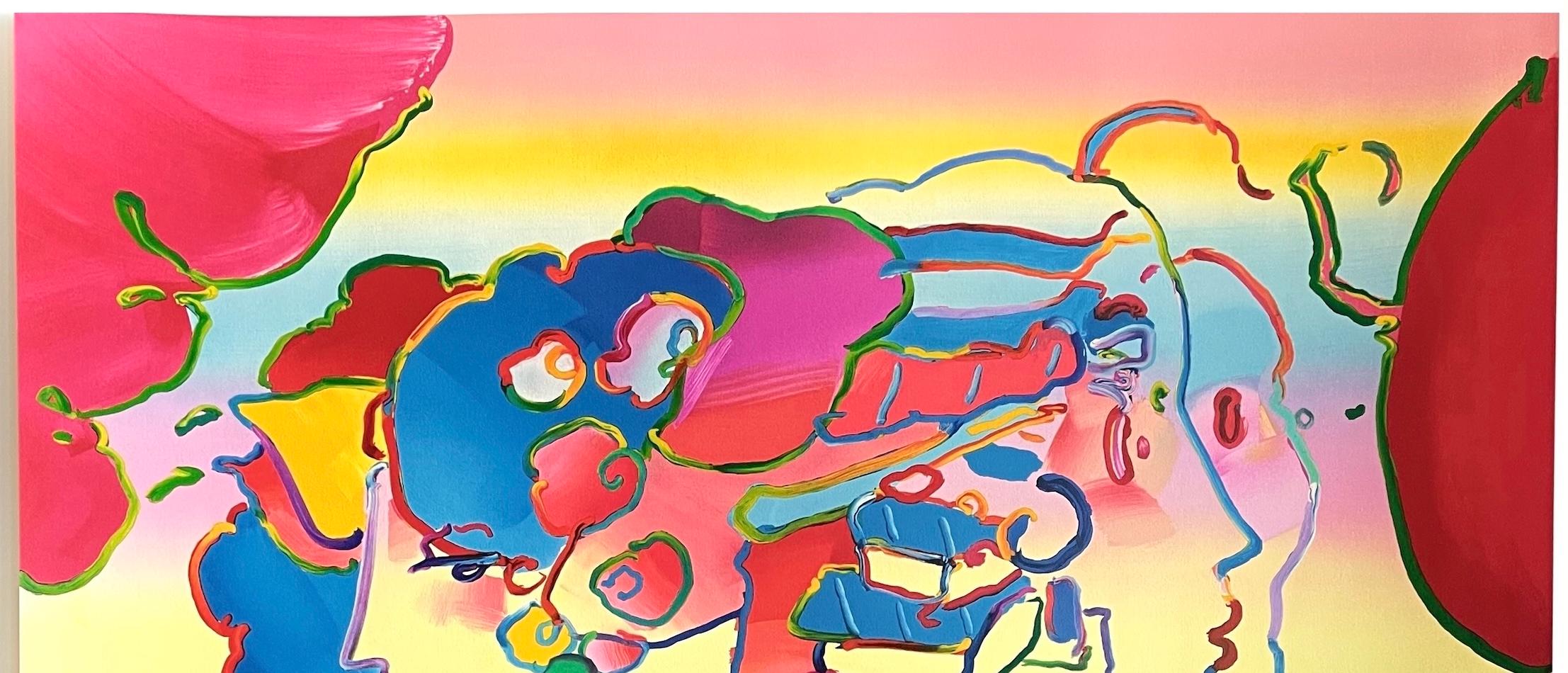 THREE FACES Signierte Lithographie, Abstrakte Porträtköpfe, Regenbogenfarbene Pop Art im Angebot 2