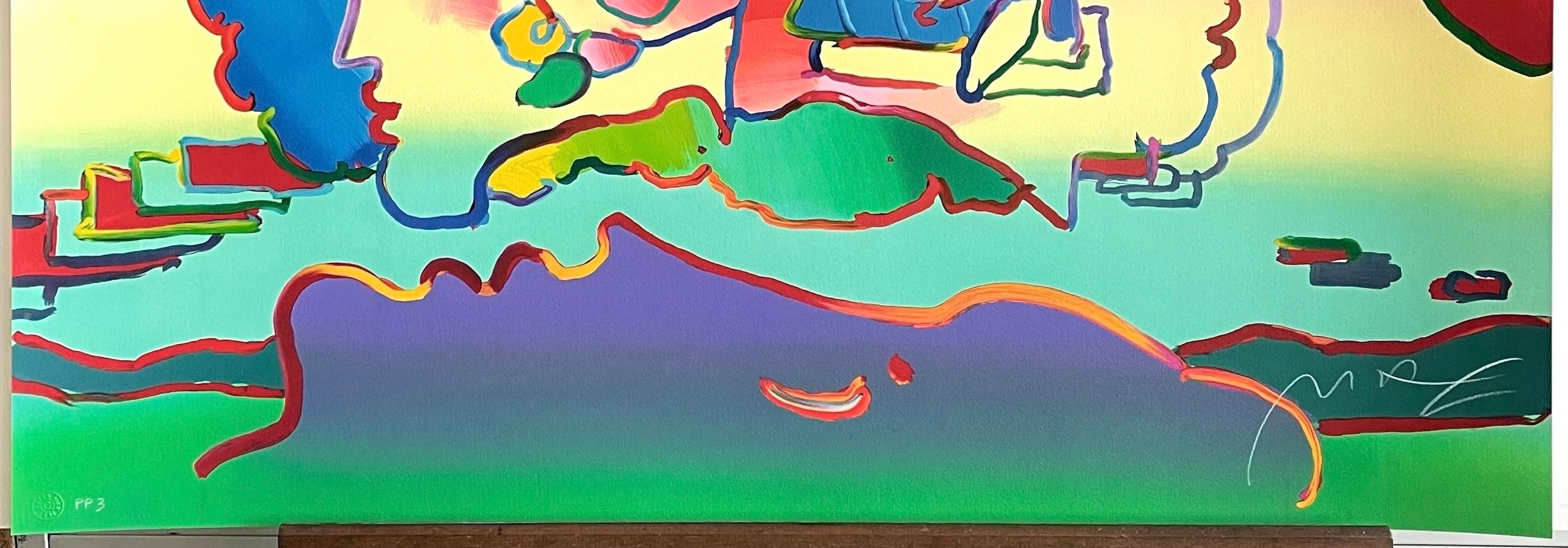 THREE FACES Signierte Lithographie, Abstrakte Porträtköpfe, Regenbogenfarbene Pop Art im Angebot 3