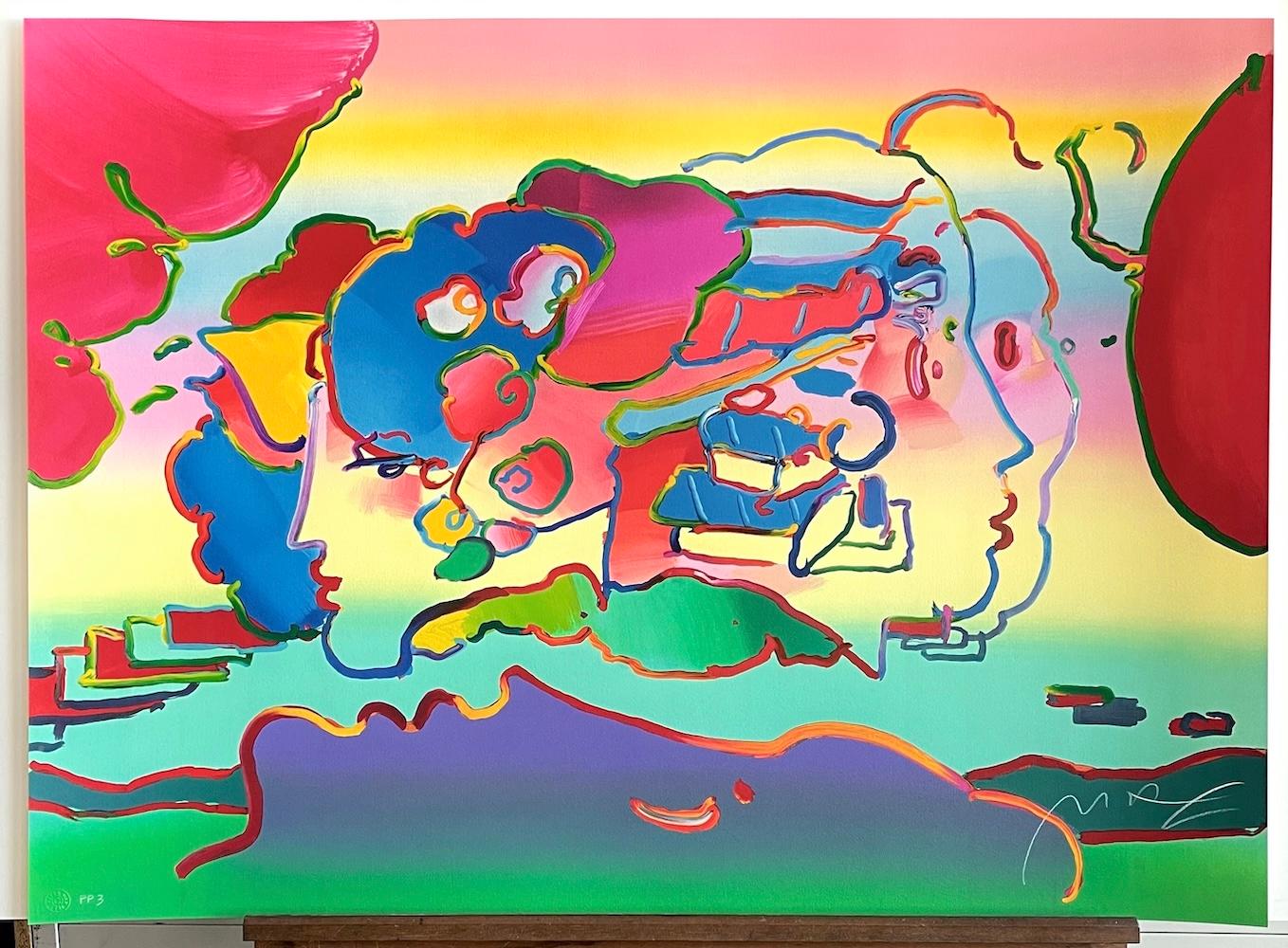 THREE FACES Signierte Lithographie, Abstrakte Porträtköpfe, Regenbogenfarbene Pop Art im Angebot 4