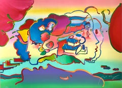 THREE FACES Litografia firmata, ritratto astratto di teste, Pop Art dai colori dell'arcobaleno