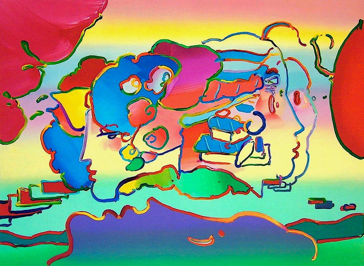 Peter Max Portrait Print - THREE FACES Signed Lithograph, Abstract Portrait Heads, Rainbow Color Pop Art