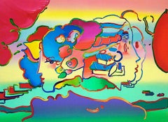THREE FACES Signed Lithograph, Abstract Portrait Heads, Rainbow Color Pop Art