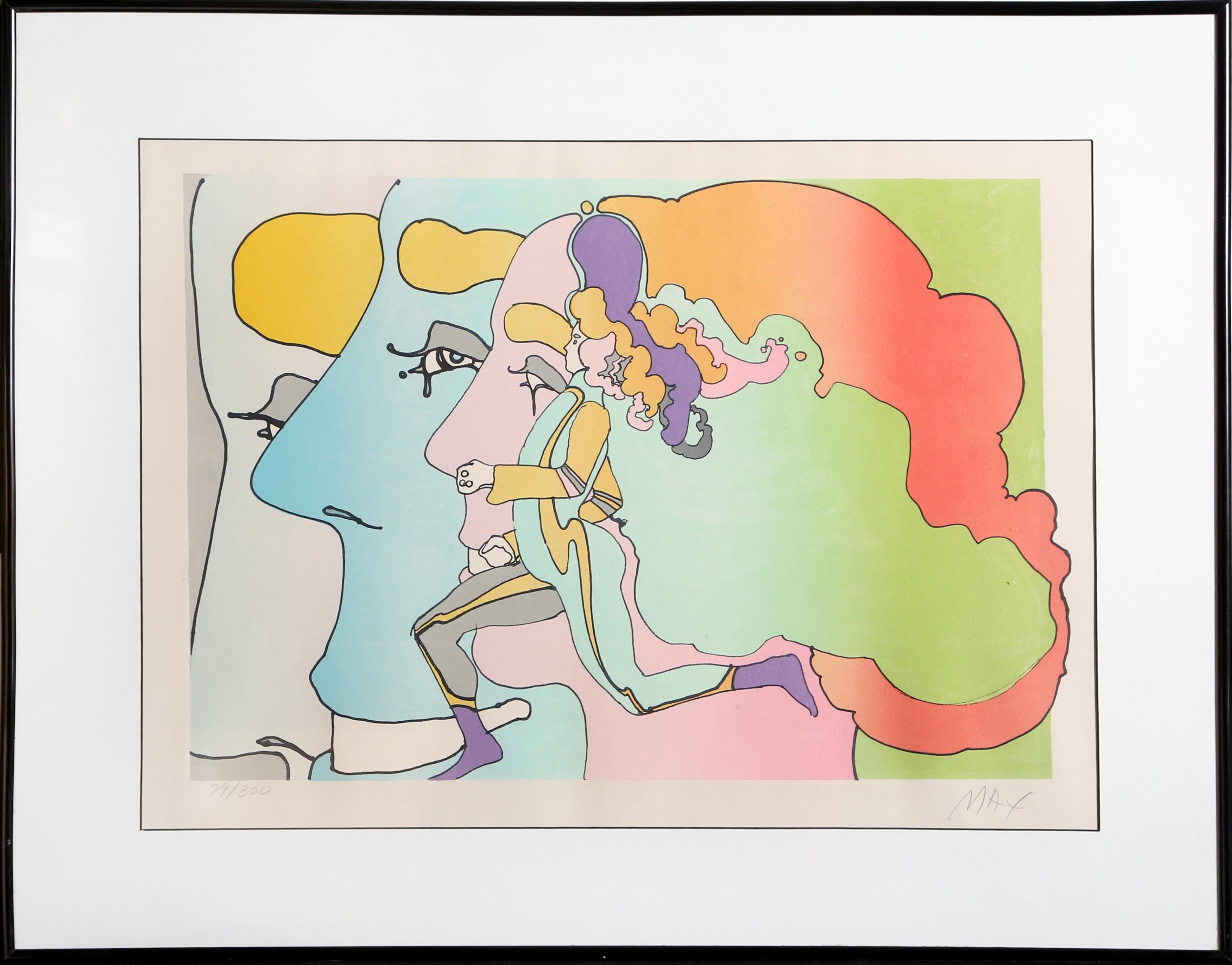 Artist: Peter Max, German/American (1937 - )
Title: Three Lords and Runner
Year: 1973
Medium: Lithograph, signed and numbered in pencil
Edition: 300
Image Size: 15 x 22 inches
Frame Size: 24.5 x 30.75 inches