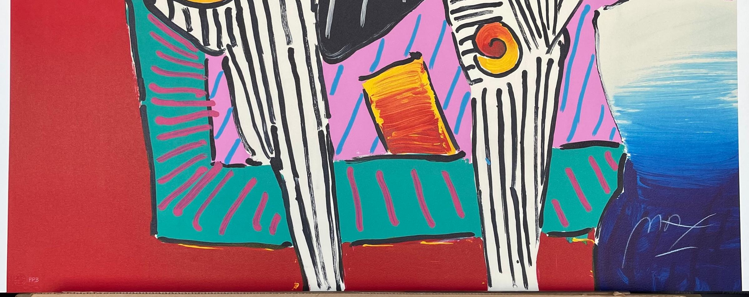 TIMELINE DEGA MAN Signierte Lithographie, abstrakte Figuren, schwarz-weiß gestreifte Streifen im Angebot 3