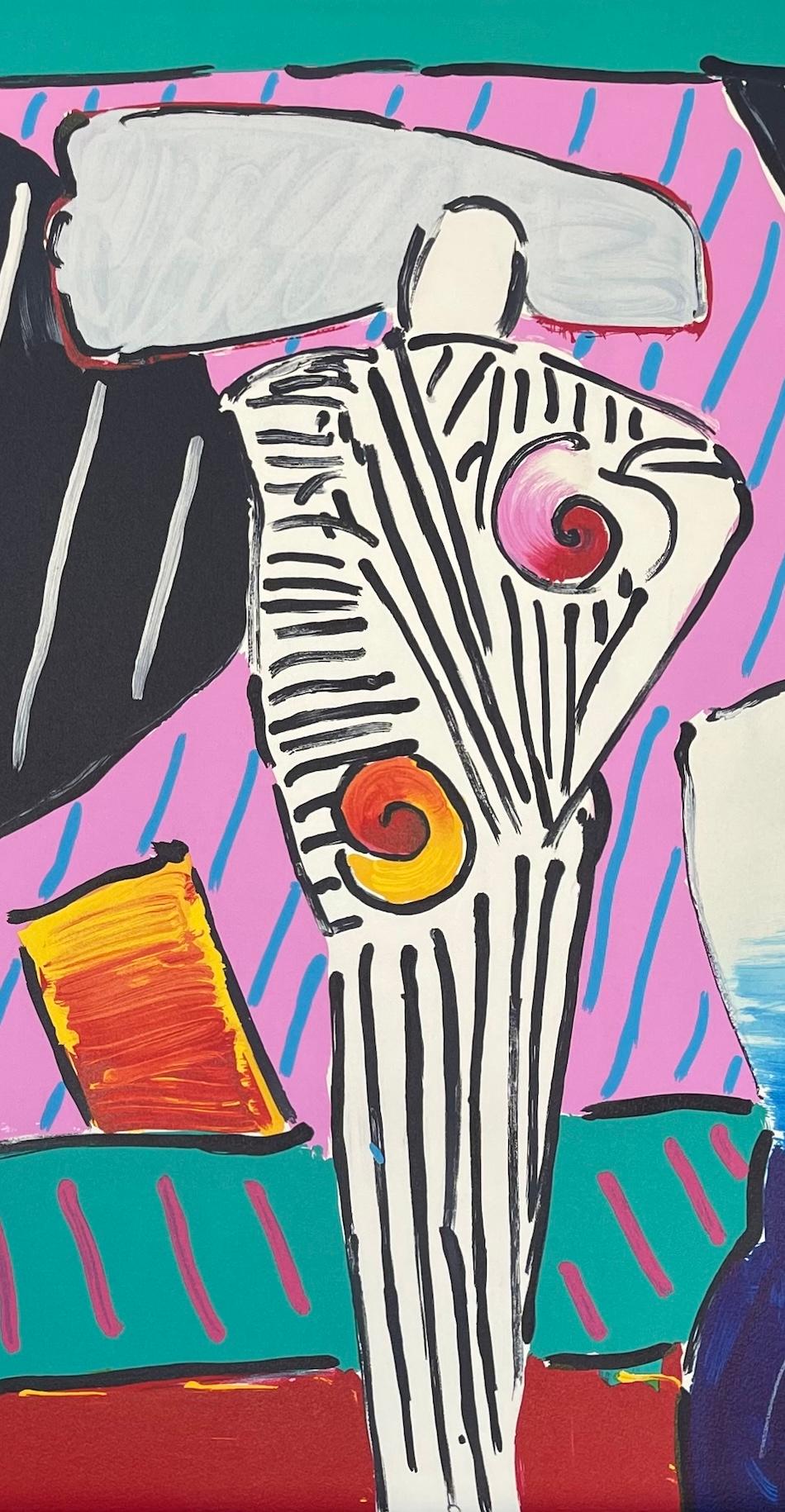 TIMELINE DEGA MAN Signierte Lithographie, abstrakte Figuren, schwarz-weiß gestreifte Streifen (Beige), Figurative Print, von Peter Max