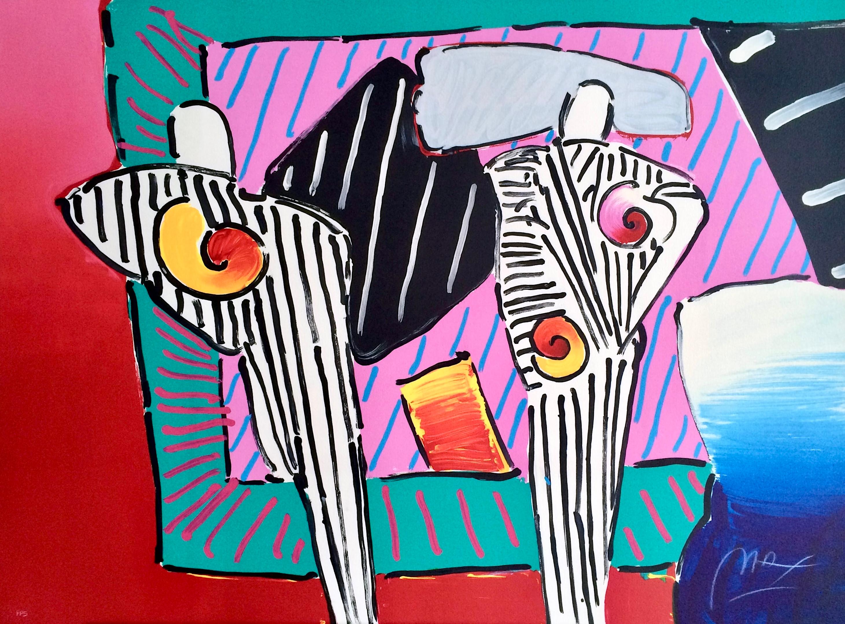 Peter Max Figurative Print – TIMELINE DEGA MAN Signierte Lithographie, abstrakte Figuren, schwarz-weiß gestreifte Streifen