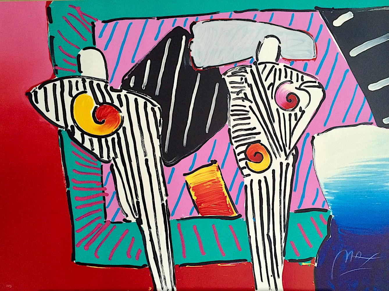 Peter Max Interior Print - TIMELINE DEGA MAN Signed Lithograph, Abstract Portrait Black White Stripe Robes