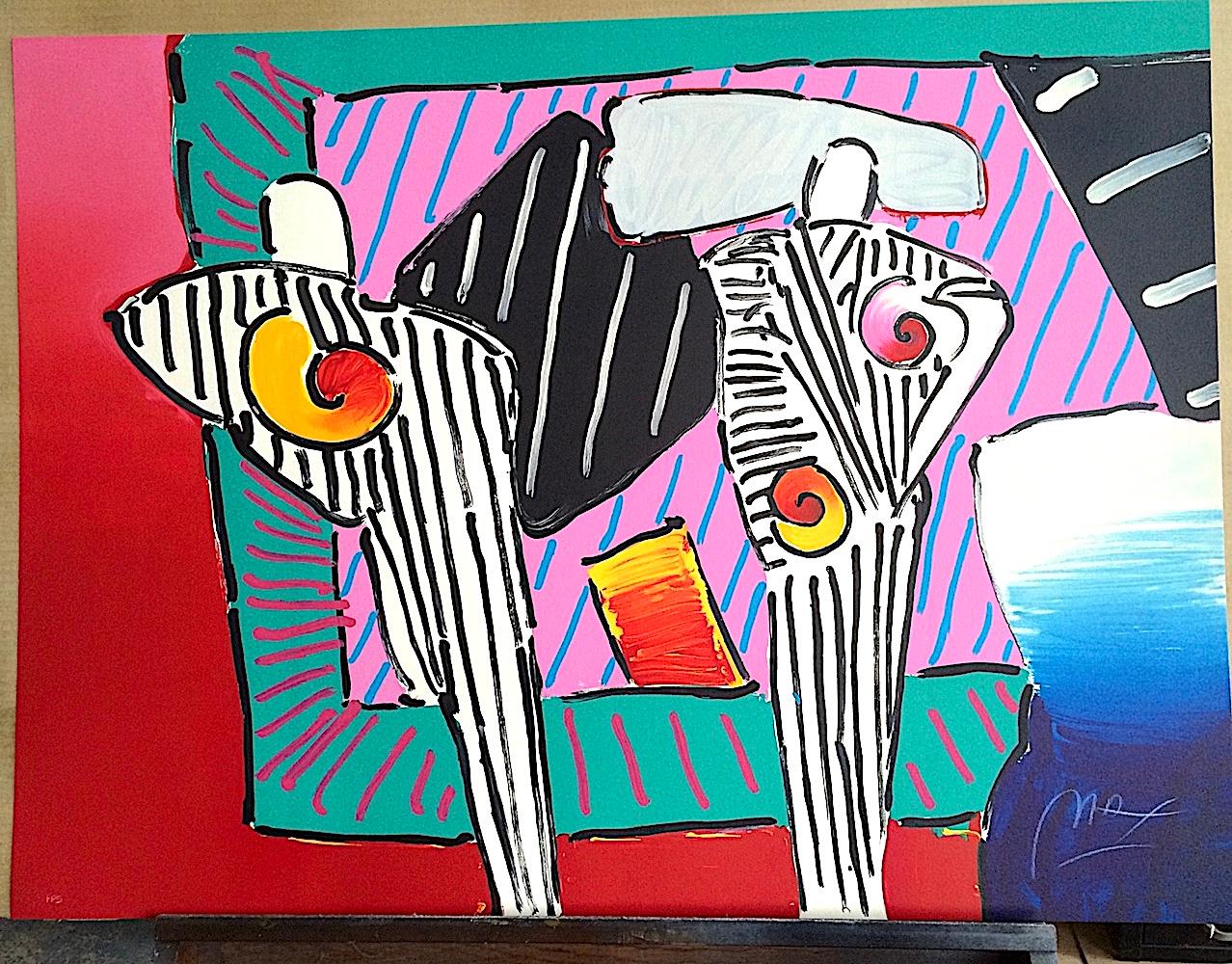 TIMELINE DEGA MAN Signed Lithograph, Memphis-Inspired Colors Black White Stripes - Pop Art Print by Peter Max