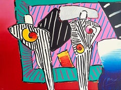 TIMELINE DEGA MAN Signed Lithograph, Abstract Figures, Black White Stripes