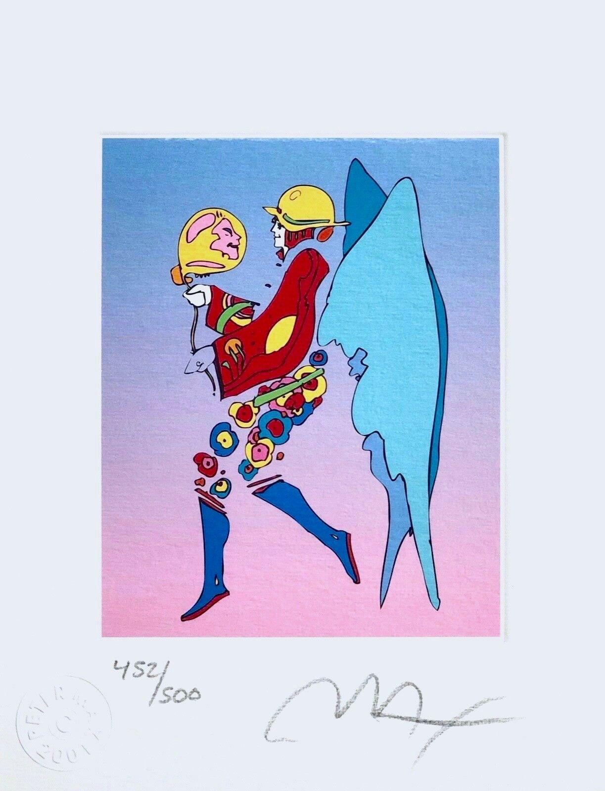 Artist: Peter Max (1937)
Title: Tip Toe Floating I
Year: 2001
Edition: 500, plus proofs
Medium: Lithograph on Lustro Saxony paper
Size: 6 x 4.75 inches
Condition: Excellent
Inscription: Signed and numbered by the artist.
Notes: Published by Via