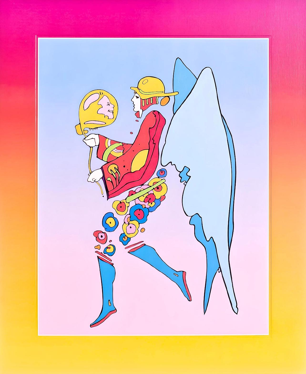 Artist: Peter Max (1937)
Title: Tip Toe Floating on Blends II
Year: 2005
Edition: 453/500, plus proofs
Medium: Lithograph on Lustro Saxony paper
Size: 17 x 13 inches
Condition: Excellent
Inscription: Signed and numbered by the artist.
Notes: