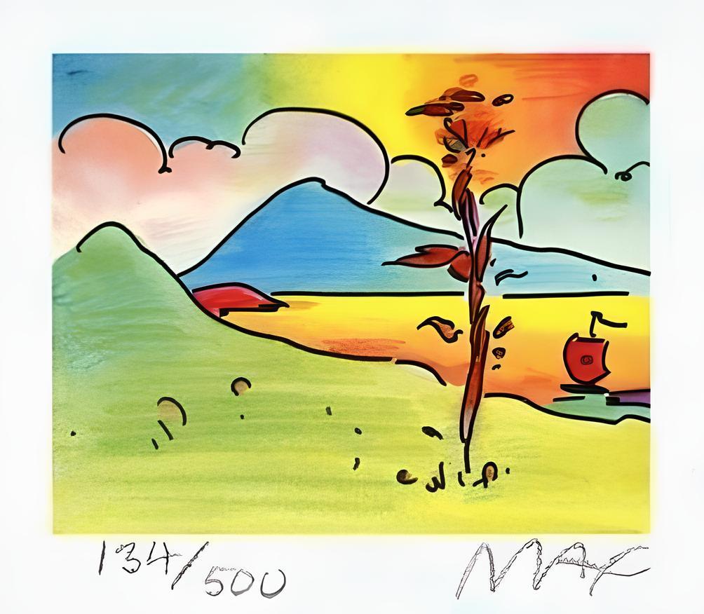 Artist: Peter Max (1937)
Title: Tree with Sailboat
Year: 2000
Edition: 500/500, plus proofs
Medium: Lithograph on Lustro Saxony paper
Size: 2.75 x 3.125 inches
Condition: Excellent
Inscription: Signed and numbered by the artist.
Notes: Published by