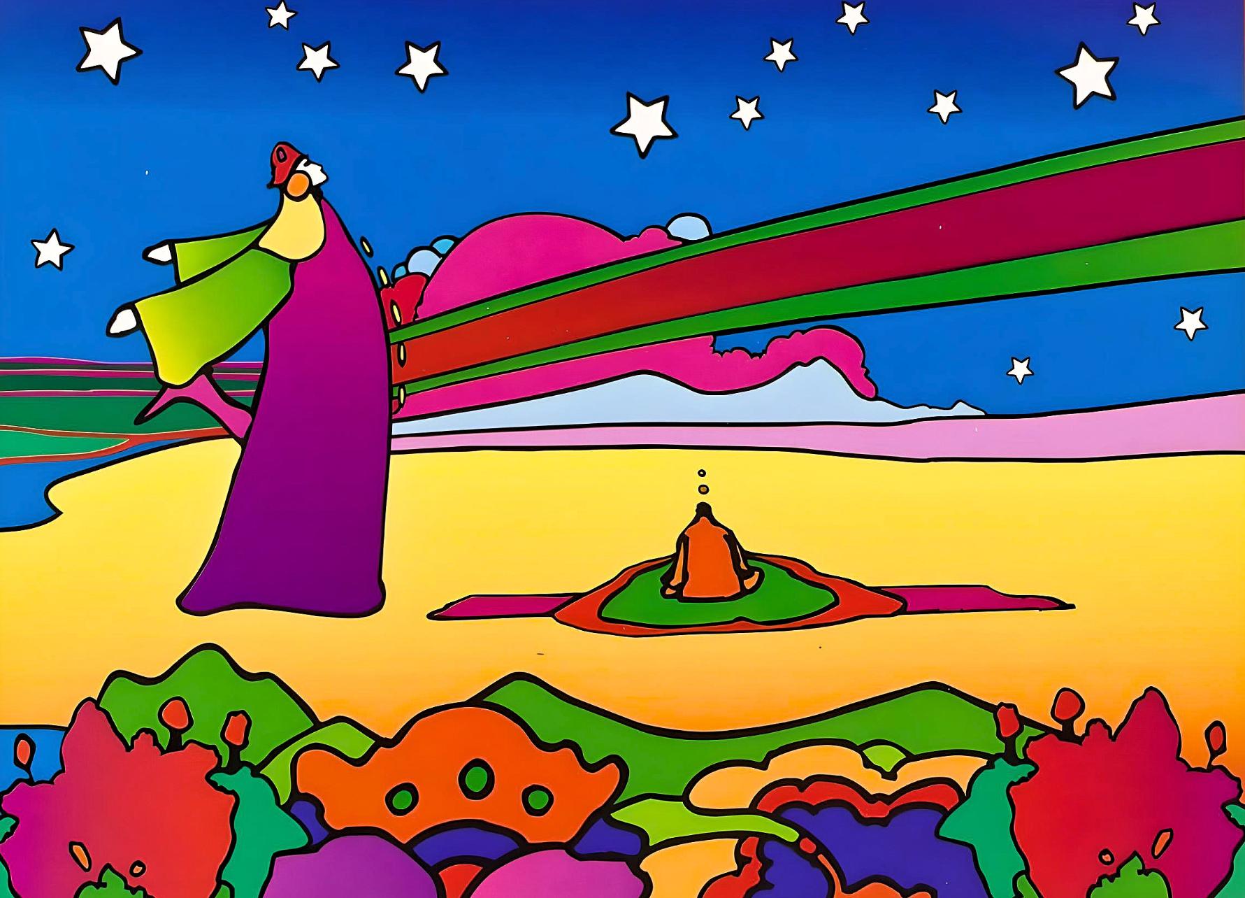 Artist: Peter Max (1937)
Title: Two Cosmic Sages Ver. II
Year: 2001
Edition: 500/500, plus proofs
Medium: Lithograph on archival paper
Size: 9 x 11 inches
Condition: Excellent
Inscription: Signed and numbered by the artist.
Notes: Published by Via