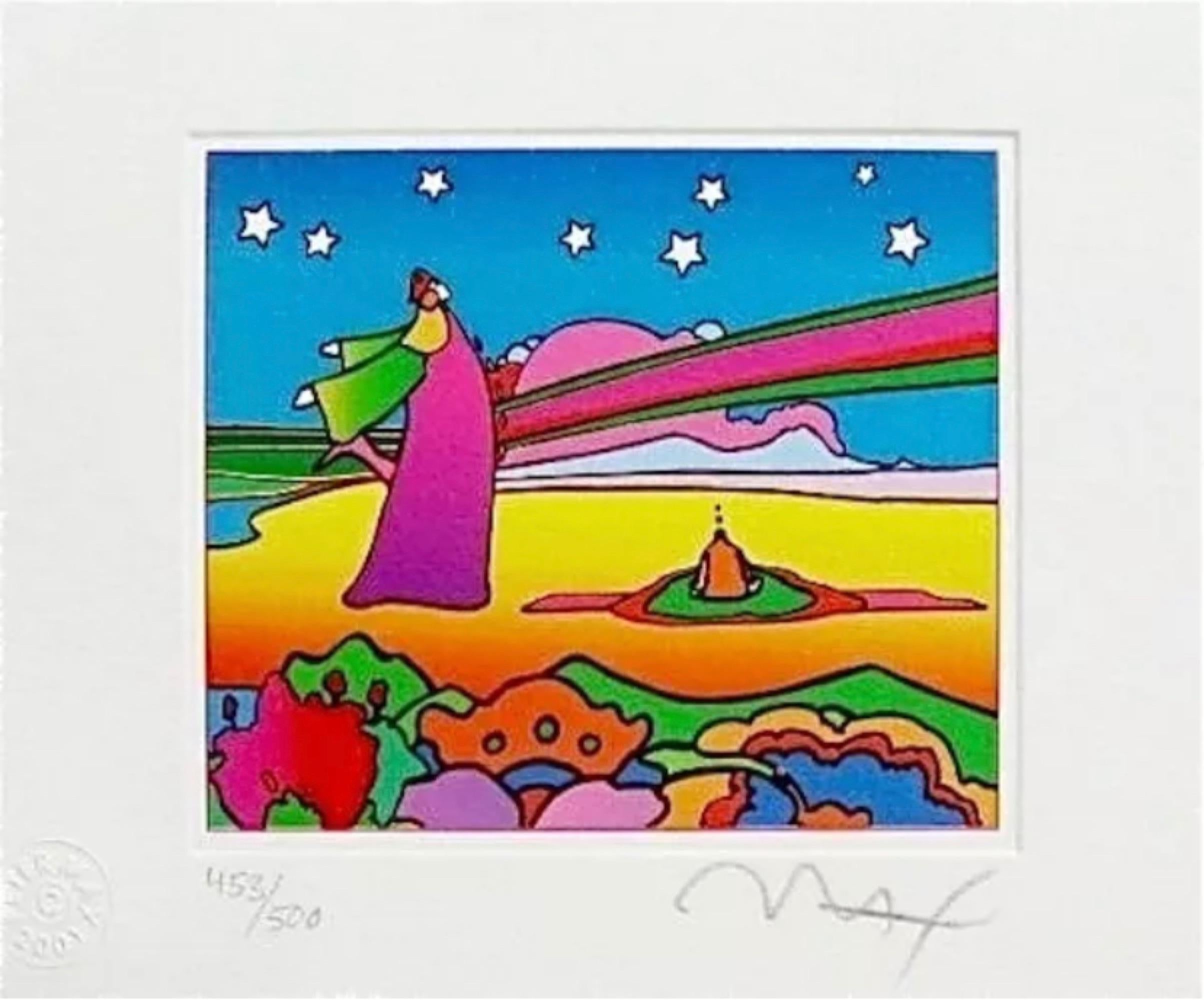 Artist: Peter Max (1937)
Title: Two Cosmic Sages, Version I
Year: 2001
Edition: 453/500, plus proofs
Medium: Lithograph on Lustro Saxony paper
Size: 4.5 x 5.5 inches
Condition: Excellent
Inscription: Signed and numbered by the artist.
Notes: