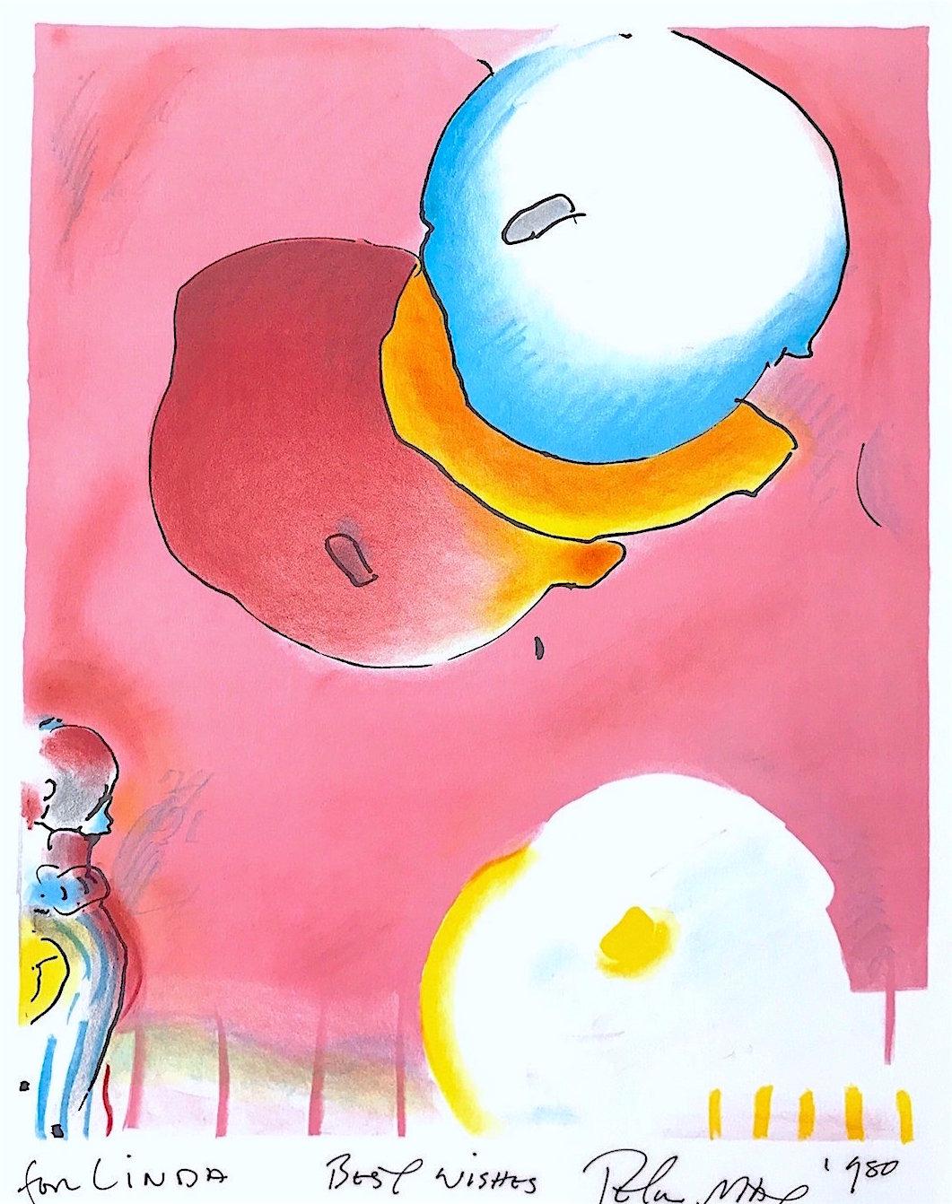 TWO FLOATING Signierte Lithographie, Abstrakte Luftballons, Pop Art, Rot Rosa Gelb Blau – Print von Peter Max